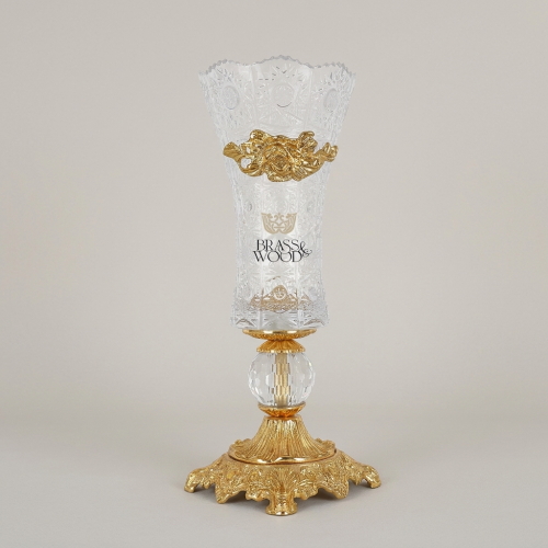 Rococo Crystal Vase with Brass Base & Rose Appliqué — Faceted Cut-Glass Trumpet Form
