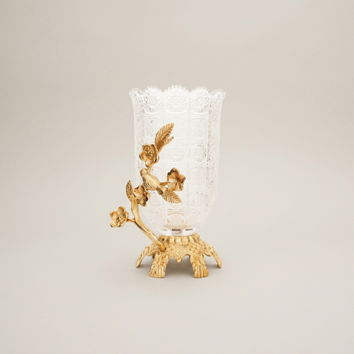 فازة كريستال روكوكو بحامل نحاسي على شكل عصفور وأغصان الزهور