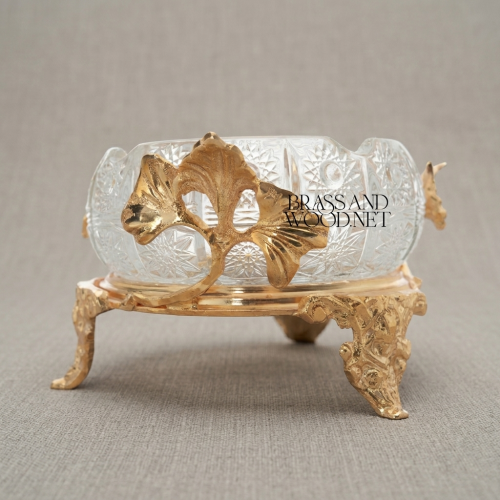 Rococo Cut-Crystal Ashtray Ginkgo Leaf Brass Cabriole Stand Brass and Wood Gold Front | Brass & Wood