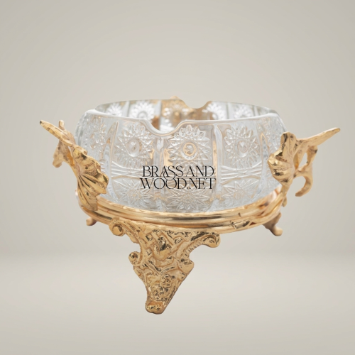 Rococo Cut-Crystal Ashtray Ginkgo Leaf Brass Cabriole Stand Brass and Wood Gold Front | Brass & Wood