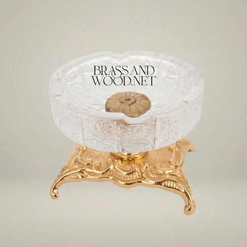 Rococo Cut Crystal Ashtray with Ornate Scrollwork Brass Stand