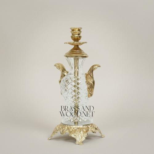 Rococo Cut-Crystal Candelabra with Ornate Brass Base & Acanthus Handles