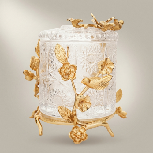 Rococo Cut-Crystal Tissue Box with Brass Floral Branch and Bird Sculpture Gold Front | Brass & Wood