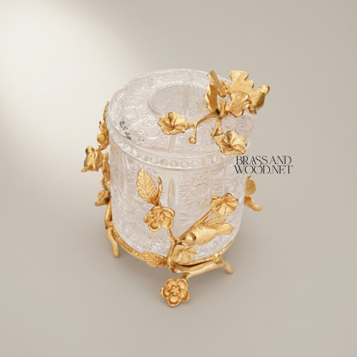 Rococo Cut-Crystal Tissue Box with Brass Floral Branch and Bird Sculpture Gold Front | Brass & Wood
