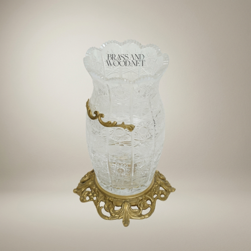 Rococo Hand-Cut Crystal Vase with Brass Acanthus Band and Pierced Brass Base Gold Front | Brass & Wood