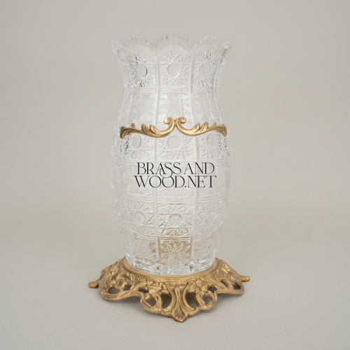 Rococo Hand-Cut Crystal Vase with Brass Acanthus Band and Pierced Brass Base Gold Front | Brass & Wood