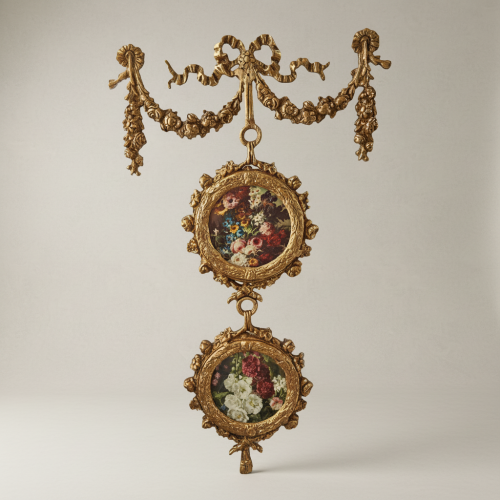 Rococo Double Medallion Hanging Wall Décor Floral Prints Bow Garland Brass and Wood Auntique Front | Brass & Wood