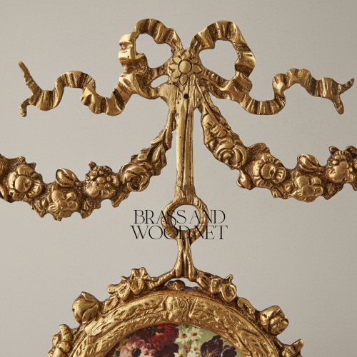 Rococo Double Medallion Hanging Wall Décor Floral Prints Bow Garland Brass and Wood Auntique Front | Brass & Wood