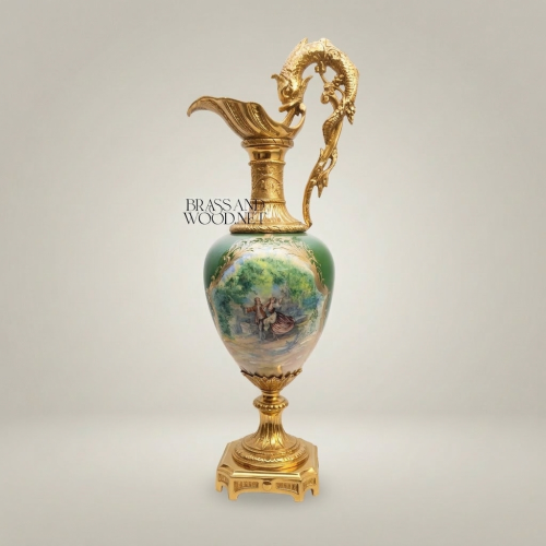 Rococo Hand-Cast Brass Ewer Vase with Dragon Handle & Hand-Painted Green Ceramic Body