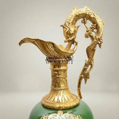 Rococo Hand-Cast Brass Ewer Vase with Dragon Handle & Hand-Painted Green Ceramic Body