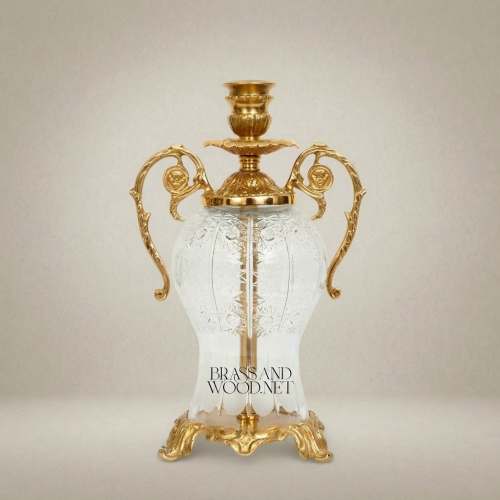 Rococo Etched Crystal Brass Urn Candleholder Scrolled Handles Ornate Amphora Brass and Wood Gold Front | Brass & Wood