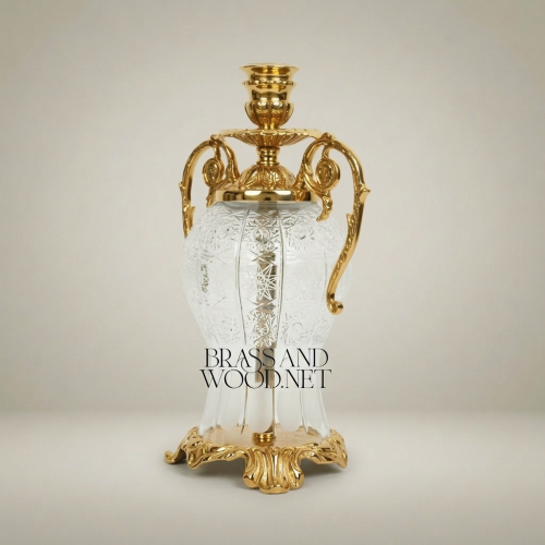 Rococo Etched Crystal Brass Urn Candleholder Scrolled Handles Ornate Amphora Brass and Wood Gold Front | Brass & Wood