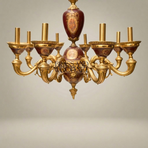 Rococo European 8-Arm Chandelier with Hand-Painted Wine Porcelain Medallions