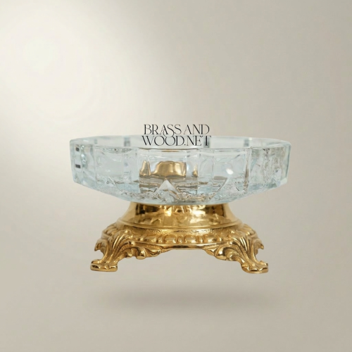 Rococo Faceted Crystal Ashtray on Scrolled Brass Pedestal