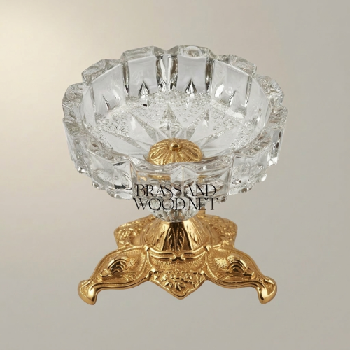 Rococo Faceted Crystal Bowl Ashtray on Scrolled Ornate Brass Tripod Pedestal Gold Front | Brass & Wood