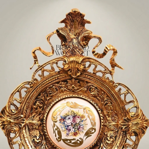 Rococo Filigree Brass Wall Medallion Hand-Painted Floral Ceramic Centre Diamond Form Gold Front | Brass & Wood