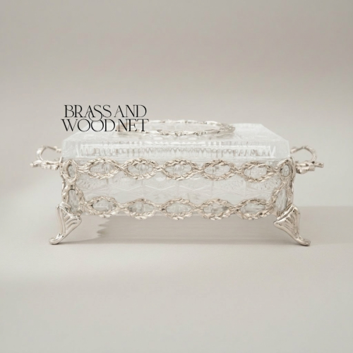 Rococo Filigree Metal Crystal Tissue Box Oval Wreath Lid Ornate Footed silver Front | Brass & Wood