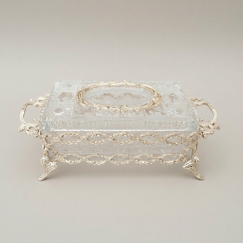 Rococo Filigree Metal Crystal Tissue Box Oval Wreath Lid Ornate Footed silver Front | Brass & Wood