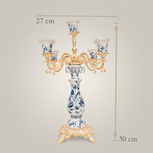 Rococo Five-Arm Blue Floral Porcelain Candelabra with Gilt Brass Scrollwork Arms Gold Front | Brass & Wood