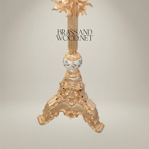 Rococo Ornate Floor Lamp Tripod Base Hand-Painted Ceramic Urn White Pleated Shade Brass and Wood gold Front | Brass & Wood