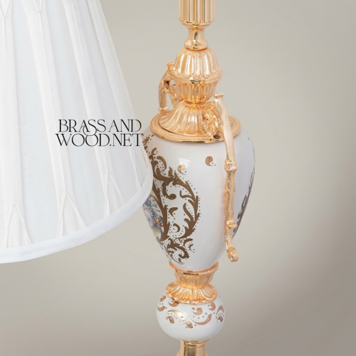 Rococo Ornate Floor Lamp Tripod Base Hand-Painted Ceramic Urn White Pleated Shade Brass and Wood gold Front | Brass & Wood