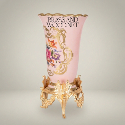 Rococo Floral Ceramic Trumpet Vase with Ornate Brass Stand