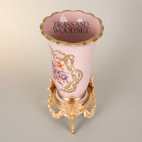 Rococo Floral Ceramic Trumpet Vase with Ornate Brass Stand