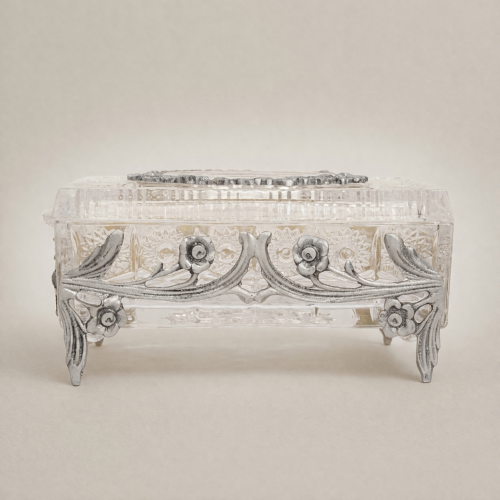Rococo Floral Relief Crystal Tissue Box Ornate Scrollwork Metal Frame Brass and Wood silver Front | Brass & Wood