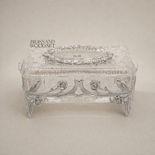 Rococo Floral Relief Crystal Tissue Box Ornate Scrollwork Metal Frame Brass and Wood silver Front | Brass & Wood