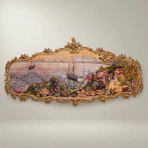 Rococo Heavily Ornate Gilded Wall Frame Panoramic Harbor Tapestry Landscape Brass and Wood Gold Front | Brass & Wood