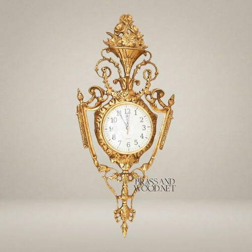 Rococo Gilt Brass Cartel Wall Clock - Floral Urn Crest & Scroll Frame