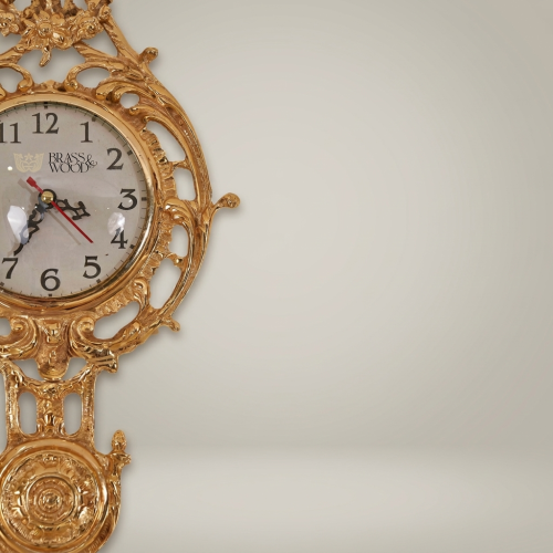 Rococo Gilt Cartel Wall Clock — Pierced Scrollwork Frame with Pendulum Drop