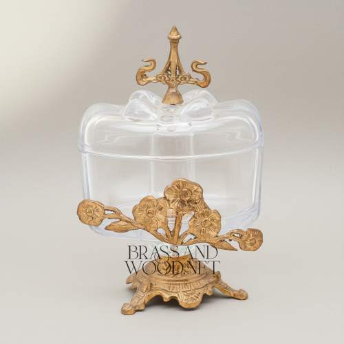 Rococo Glass Bonbonniere with Floral Brass Stand & Finial Lid