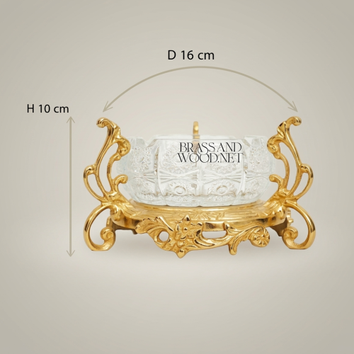 Rococo Gold Brass & Crystal Ashtray with Ornate Scrollwork Stand