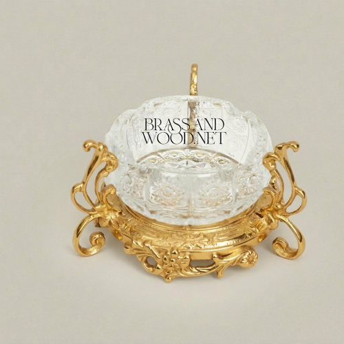 Rococo Gold Brass & Crystal Ashtray with Ornate Scrollwork Stand