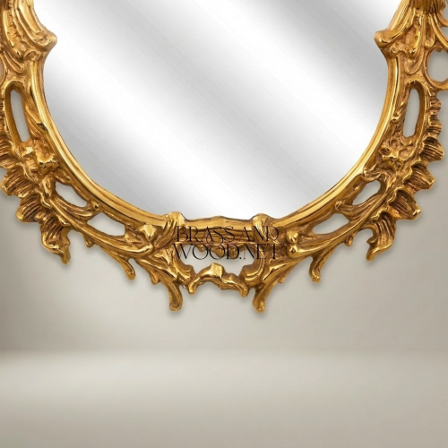 Rococo Hand-Carved Asymmetric Gilded Wall Mirror Pierced Acanthus Ribbon Crest Brass and Wood Gold Front | Brass & Wood