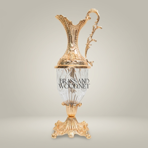 Rococo Hand-Carved Brass Cut Crystal Ewer Vase Acanthus Handle Brass and Wood Gold Front | Brass & Wood