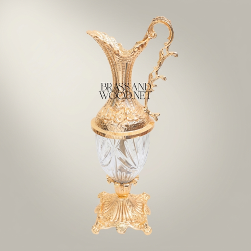 Rococo Hand-Carved Brass Cut Crystal Ewer Vase Acanthus Handle Brass and Wood Gold Front | Brass & Wood