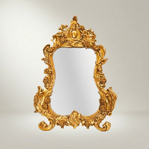 Rococo Hand-Carved Ornate Mirror Acanthus Crown Floral Rocaille Frame Brass and Wood Gold Front | Brass & Wood