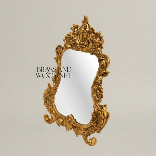 Rococo Hand-Carved Ornate Mirror Acanthus Crown Floral Rocaille Frame Brass and Wood Gold Front | Brass & Wood