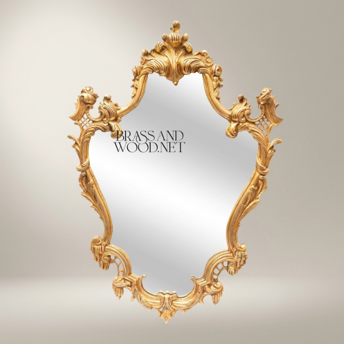 Rococo Hand-Carved Gilded Wall Mirror Acanthus Crown Scroll Frame Brass and Wood Gold Front | Brass & Wood