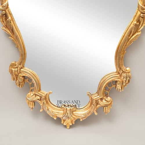 Rococo Hand-Carved Gilded Wall Mirror Acanthus Crown Scroll Frame Brass and Wood Gold Front | Brass & Wood