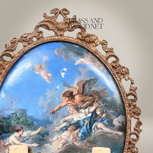 Rococo Hand-Carved Wall Sconce Oval Mythological Painted Panel Twin Candle Arms Brass and Wood Antique Gold Front | Brass & Wood