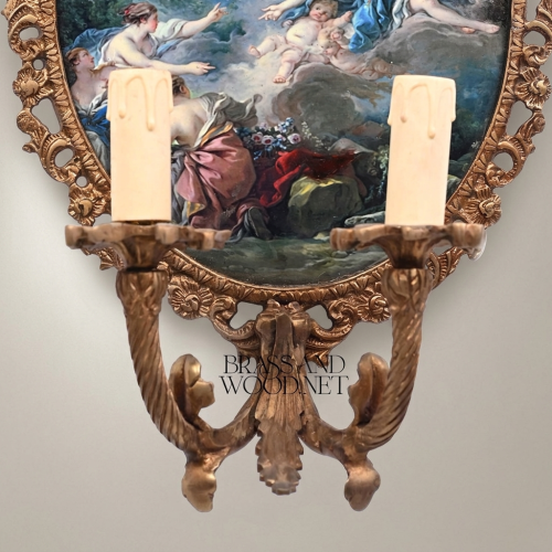 Rococo Hand-Carved Wall Sconce Oval Mythological Painted Panel Twin Candle Arms Brass and Wood Antique Gold Front | Brass & Wood