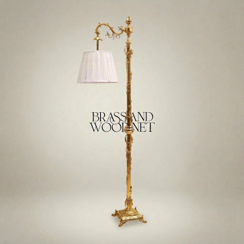 Rococo Hand-Cast Brass Floor Lamp with Ornate Scrolled Arm and Pleated Ivory Shade – Brass & Wood Gold Front | Brass & Wood