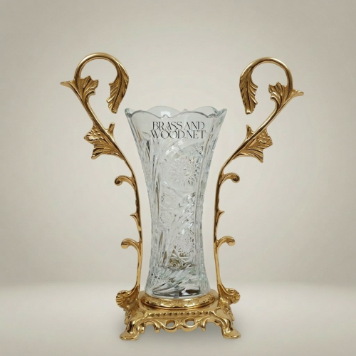 Rococo Hand-Cut Crystal Vase Ornate Acanthus Brass Stand Brass and Wood Gold Front | Brass & Wood