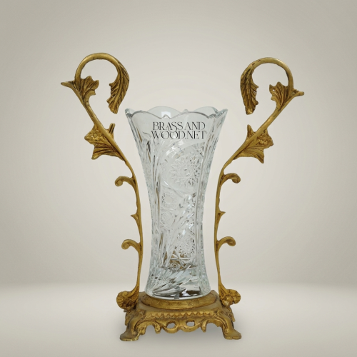Rococo Hand-Cut Crystal Vase Ornate Acanthus Brass Stand Brass and Wood Gold Front | Brass & Wood