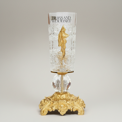 Rococo Hand-Engraved Crystal Vase on Ornate Brass Base with Acanthus Leaf Appliqué