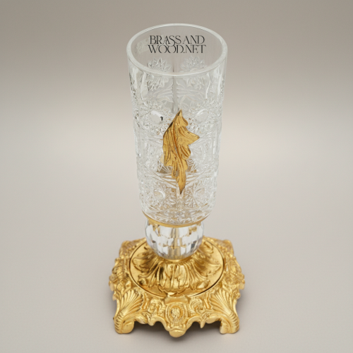 Rococo Hand-Engraved Crystal Vase on Ornate Brass Base with Acanthus Leaf Appliqué