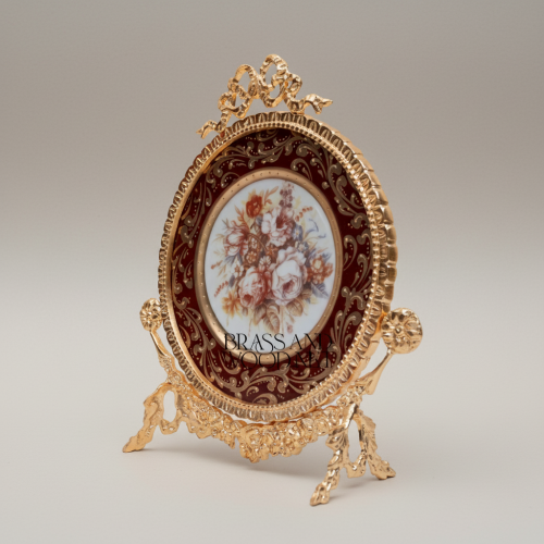 Rococo Hand-Painted Wine Ceramic and Brass Three-Piece Garniture Set with Oval Plate Stand Floral Motif Gold Front | Brass & Wood